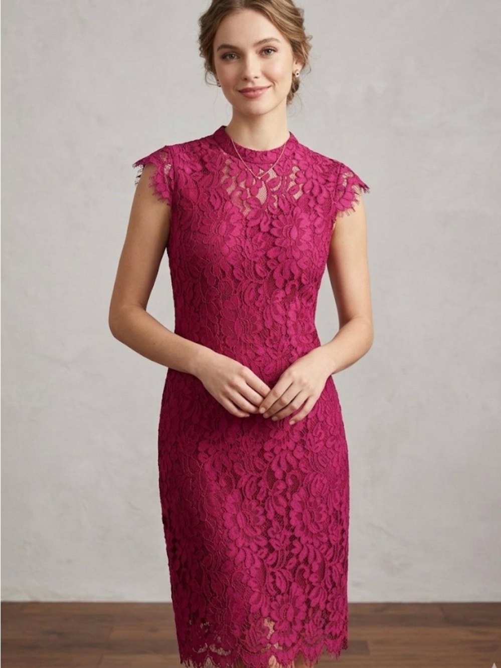 Simply Styled Magenta Lace Cap-Sleeve Midi Dress